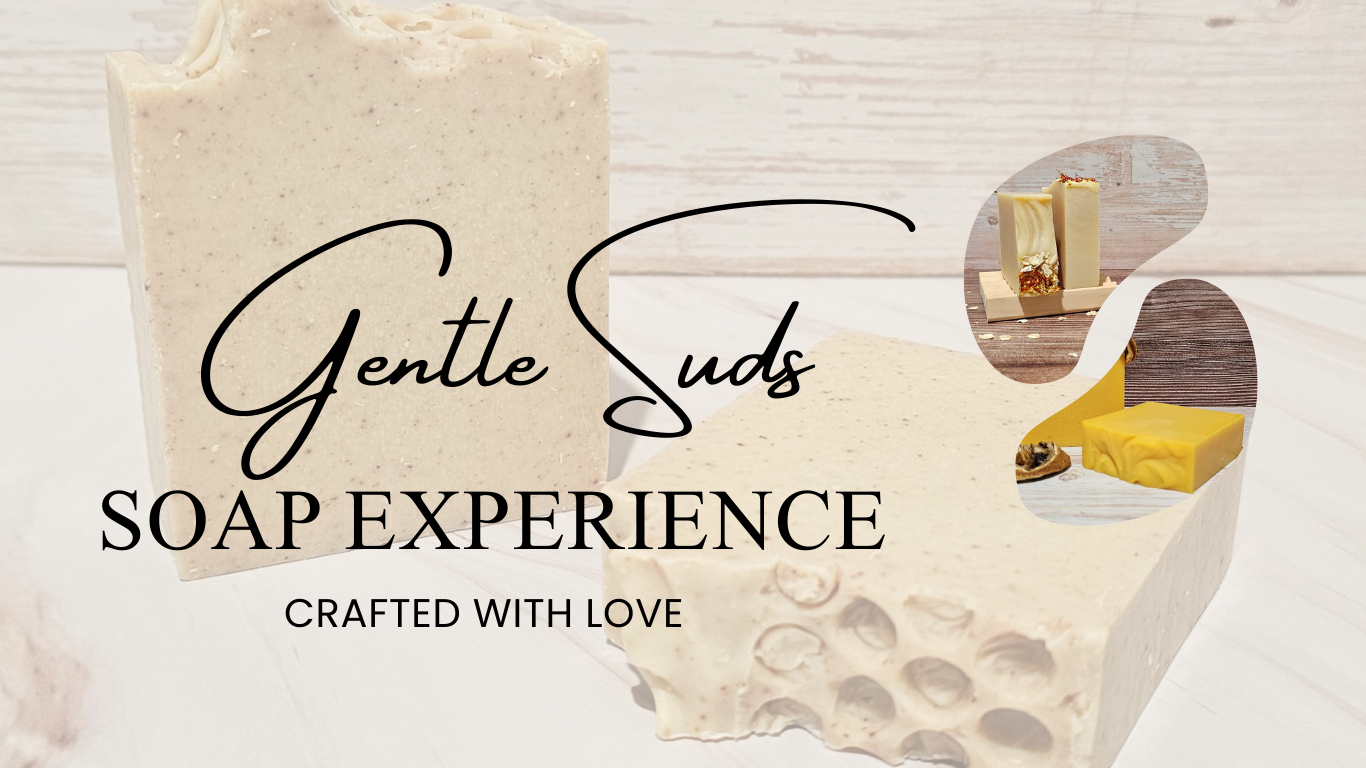 Soap bar with 'Gentle Suds' branding and text 'SOAP EXPERIENCE CRAFTED WITH LOVE' on a light wooden background.
