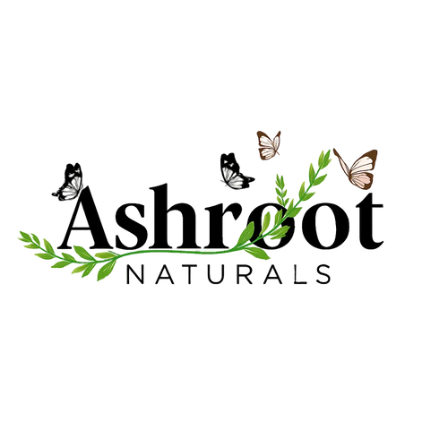 Logo of Ashroot Naturals with butterflies and leaves on a white background