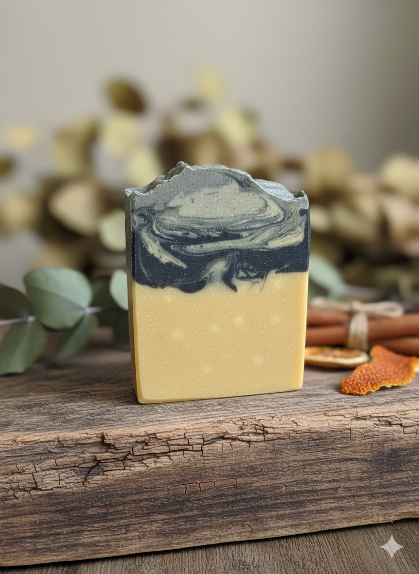 Two layered soap bar on a wooden surface with a blurred natural background