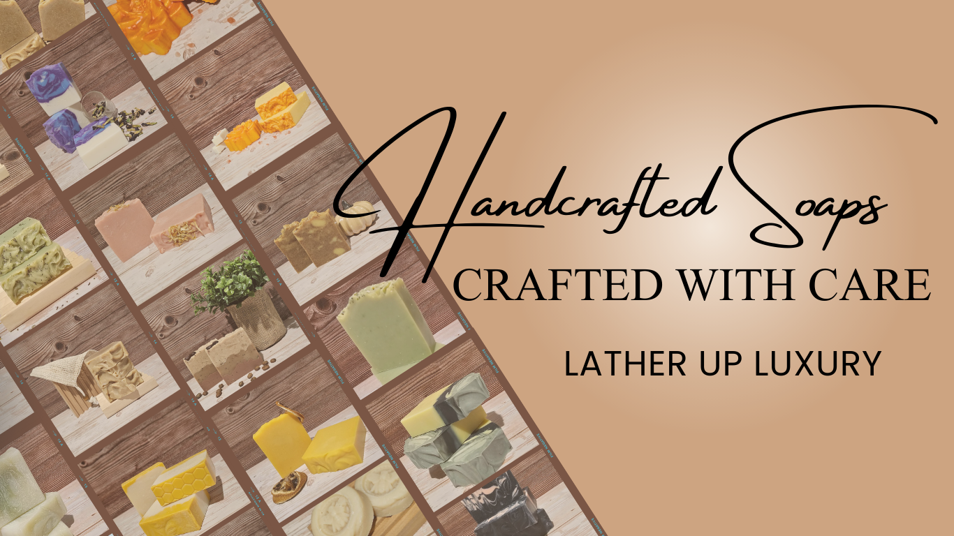Handcrafted soaps displayed on a wooden board with 'Lather Up Luxury' branding.