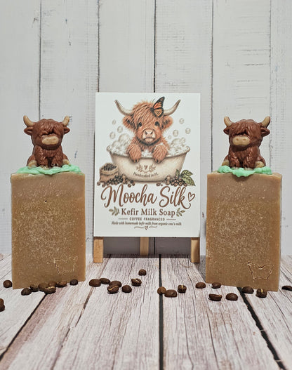 Two rectangular bars of Moocha Silk Kefir Milk Soap stand on a rustic wood surface, each topped with a small brown cow figurine sitting on green leaves. A centered product card with an illustration of a shaggy cow in a bathtub reads 'Moocha Silk Kefir Milk Soap' and includes the brand name Moocha Silk.