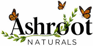 Logo of Ashroot Naturals with butterflies and leaves on a white background